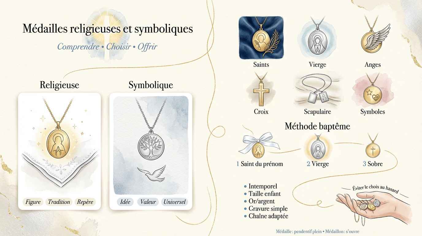 Infographie explicative sur le choix d'une médaille de baptême selon les symbole et les Saints.
