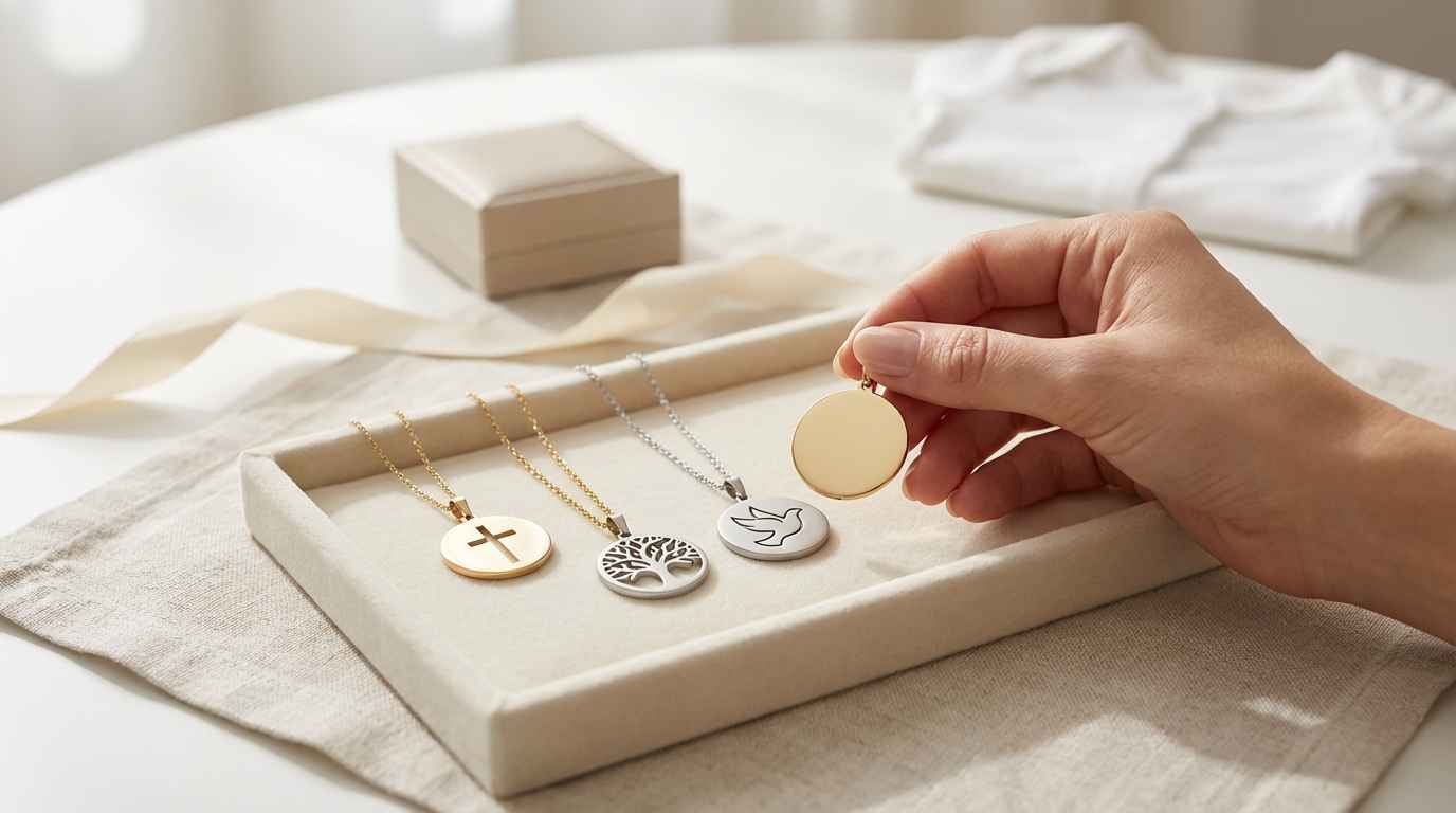Représentation d'une main entrain de choisir une médaille de baptême pour son filleul ou sa filleule.