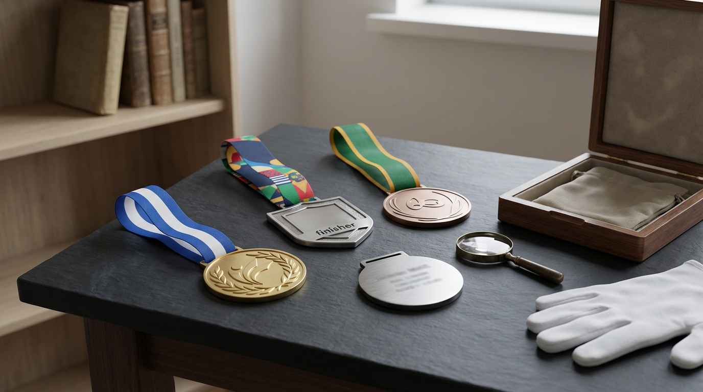 représentation de différentes médailles sportives, or, argent et bronze.