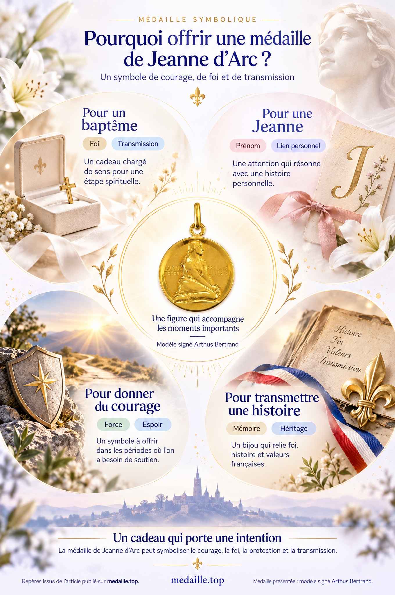 Infographie sur les occasions d’offrir une médaille de Jeanne d’Arc signée Arthus Bertrand