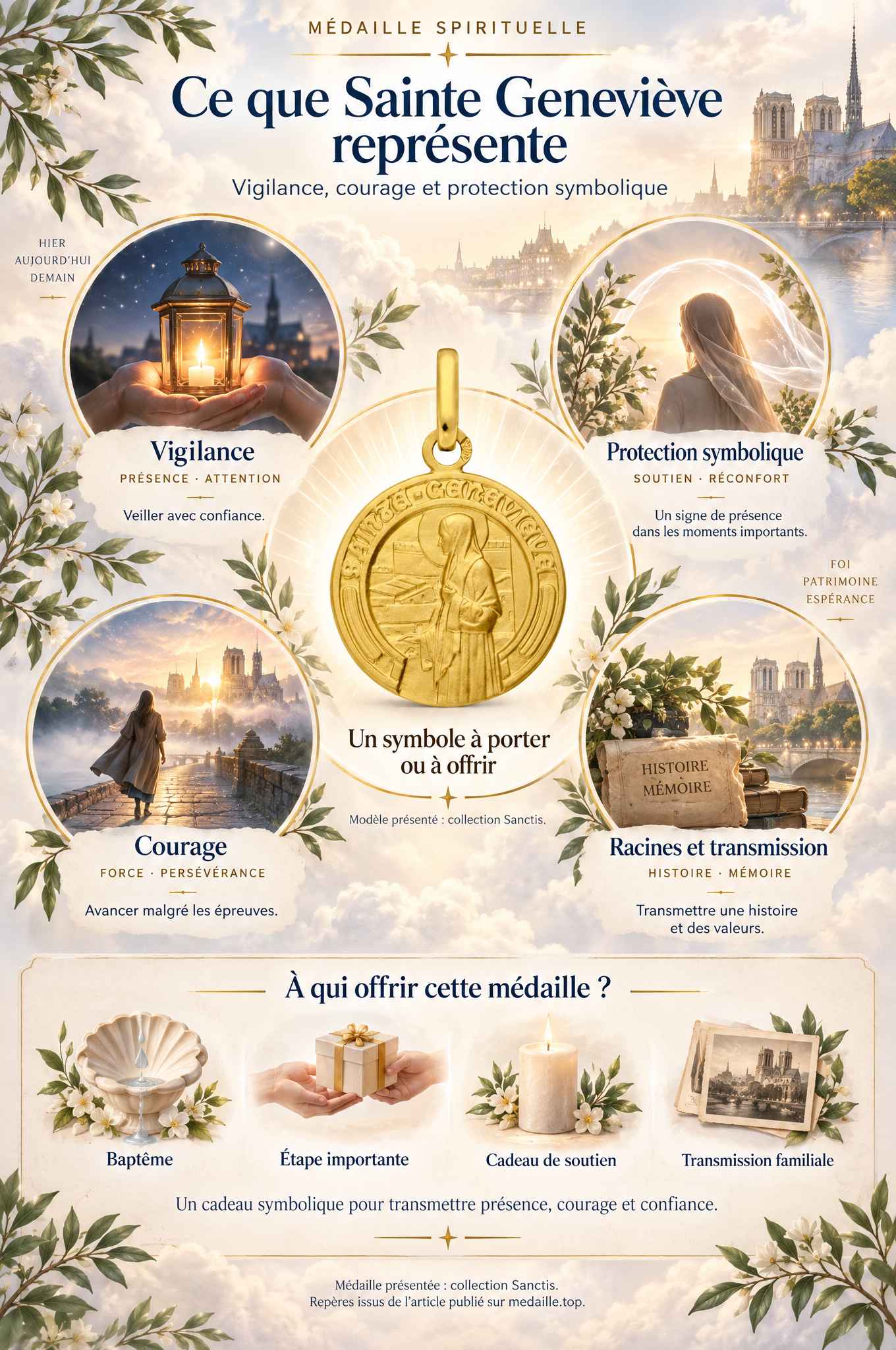 Infographie sur la signification de la médaille de Sainte Geneviève et ses symboles de vigilance